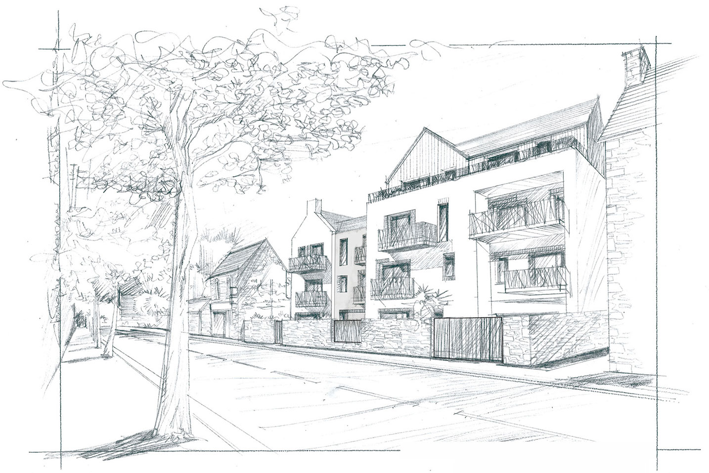 croquis de la façade d'un collectif avec plusieurs appartements